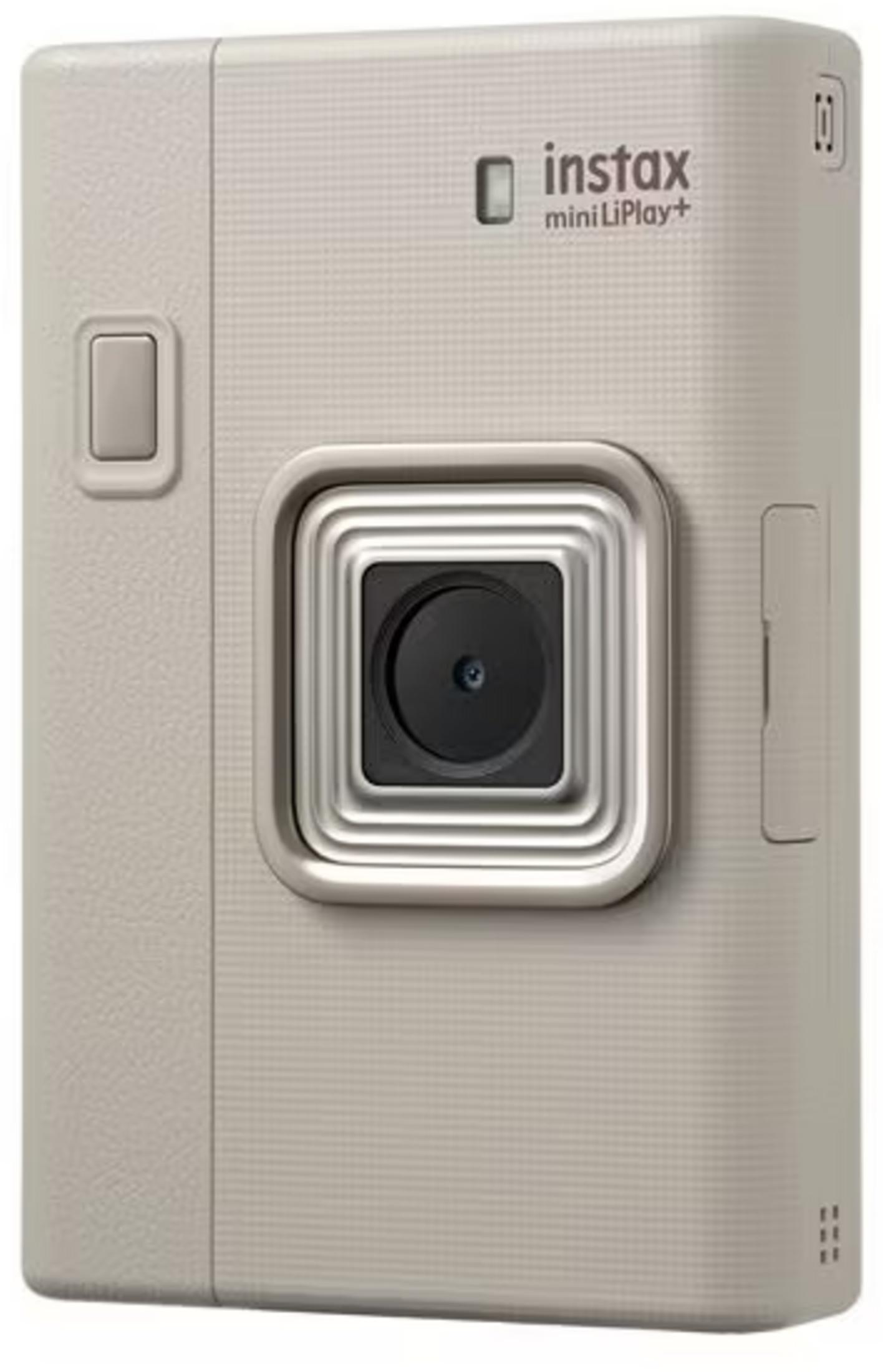 Eine beige Instax Mini LiPlay+ Sofortbildkamera mit einem zentralen Objektiv.