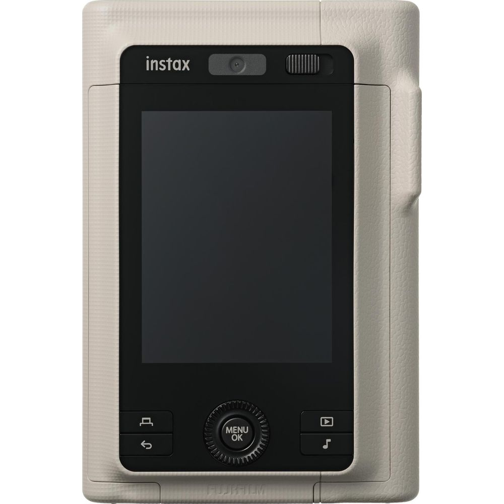 Eine beige Instax Digitalkamera mit schwarzem Bildschirm und Bedienelementen.