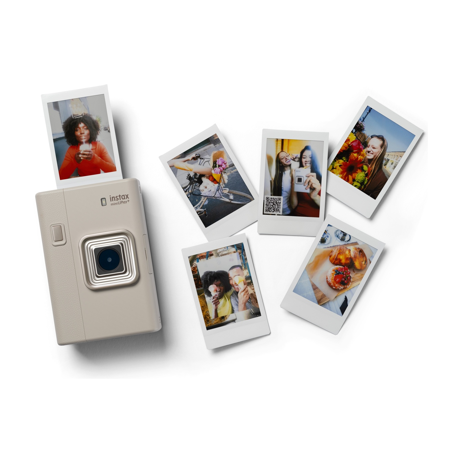 Instax Mini LiPlay Drucker mit mehreren Sofortbildern von Menschen und Essen.