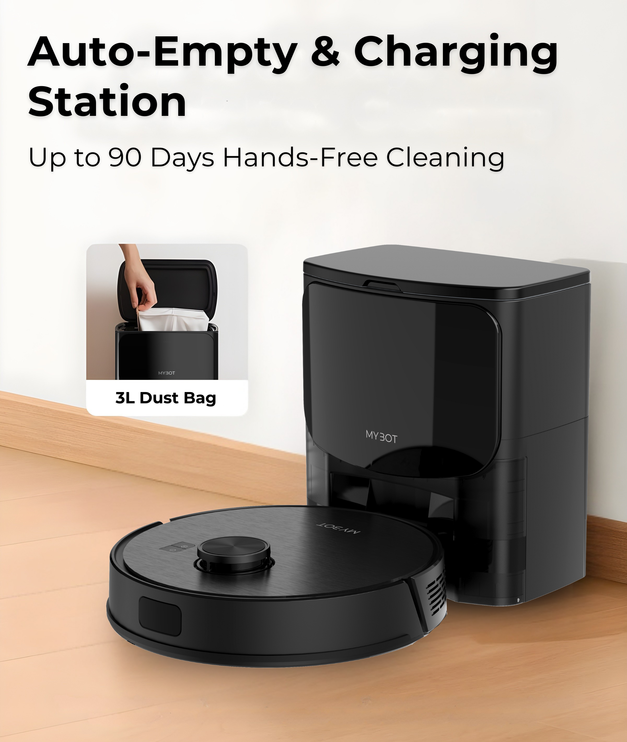Black robot vacuum and charging station on a wooden floor.
