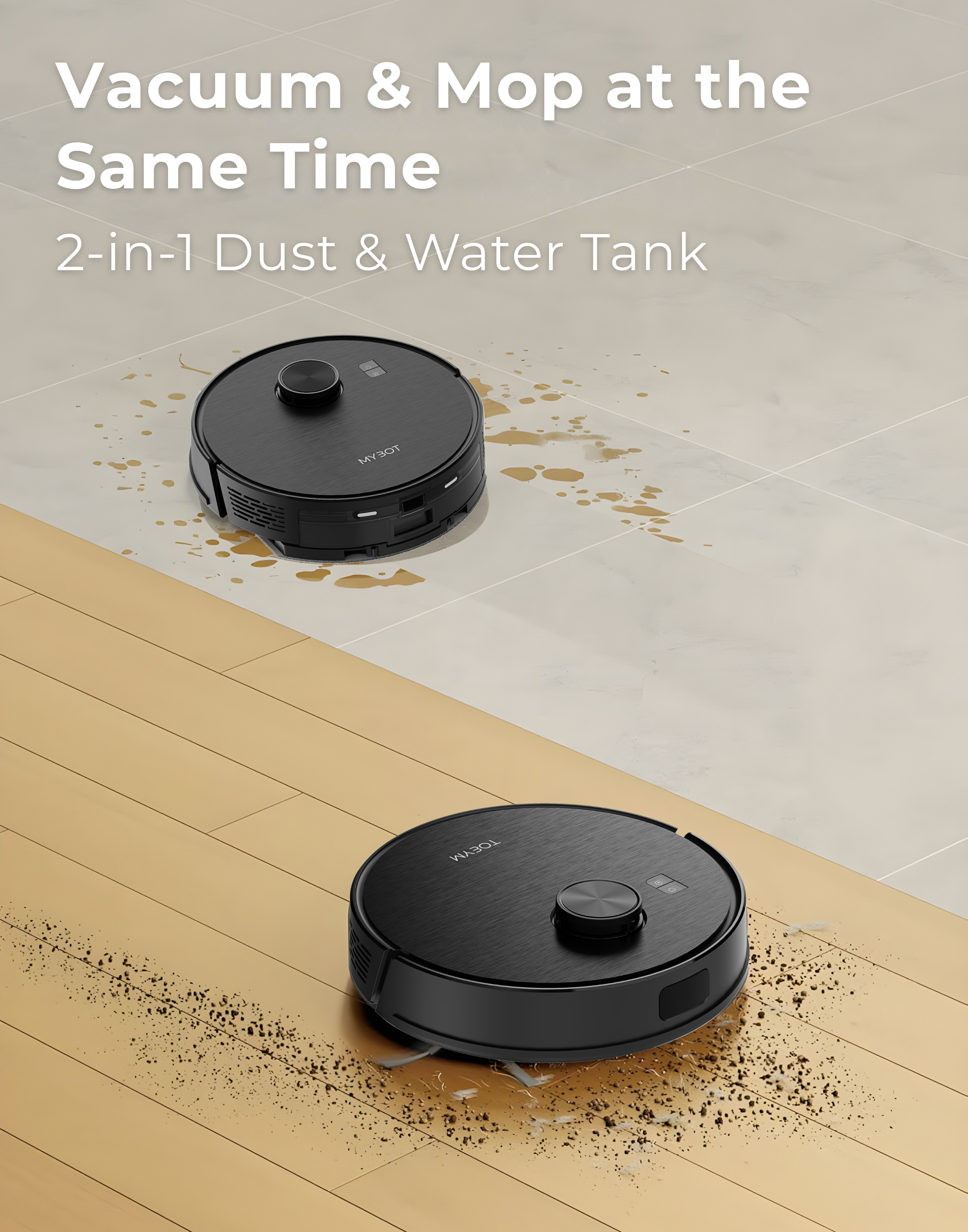 Twee zwarte robotstofzuigers reinigen tegelijkertijd houten vloeren en tegels, de ene stofzuigt stof, de andere dweilt water.