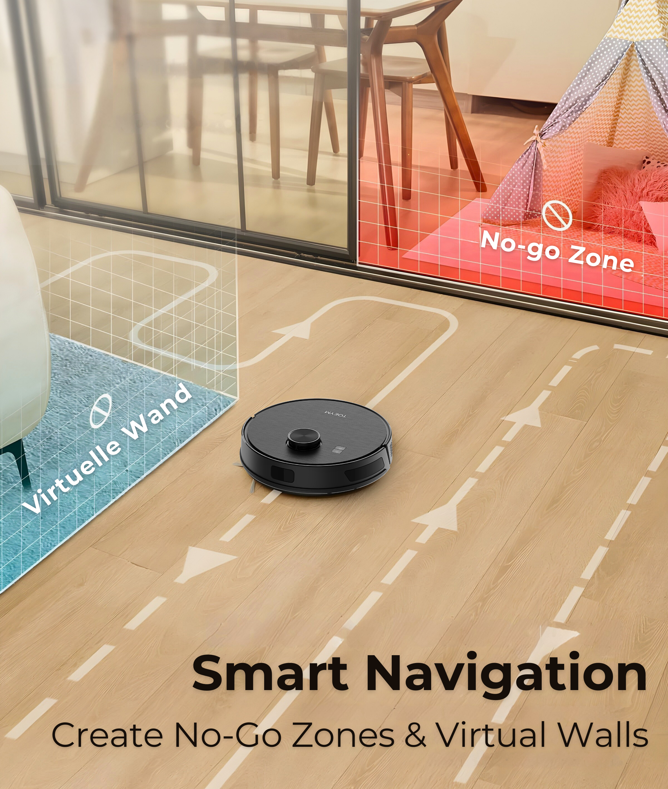 Een zwarte robotstofzuiger op een houten vloer met virtuele muren en no-go zones.