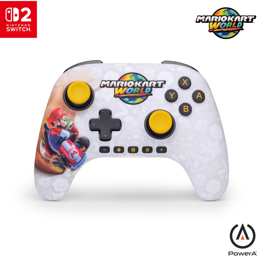 Biały kontroler Nintendo Switch z grafiką Mario Kart World i Mario.