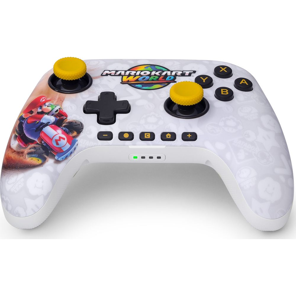 Biały kontroler do gier z motywem Mario Kart World i żółtymi nakładkami joysticków.