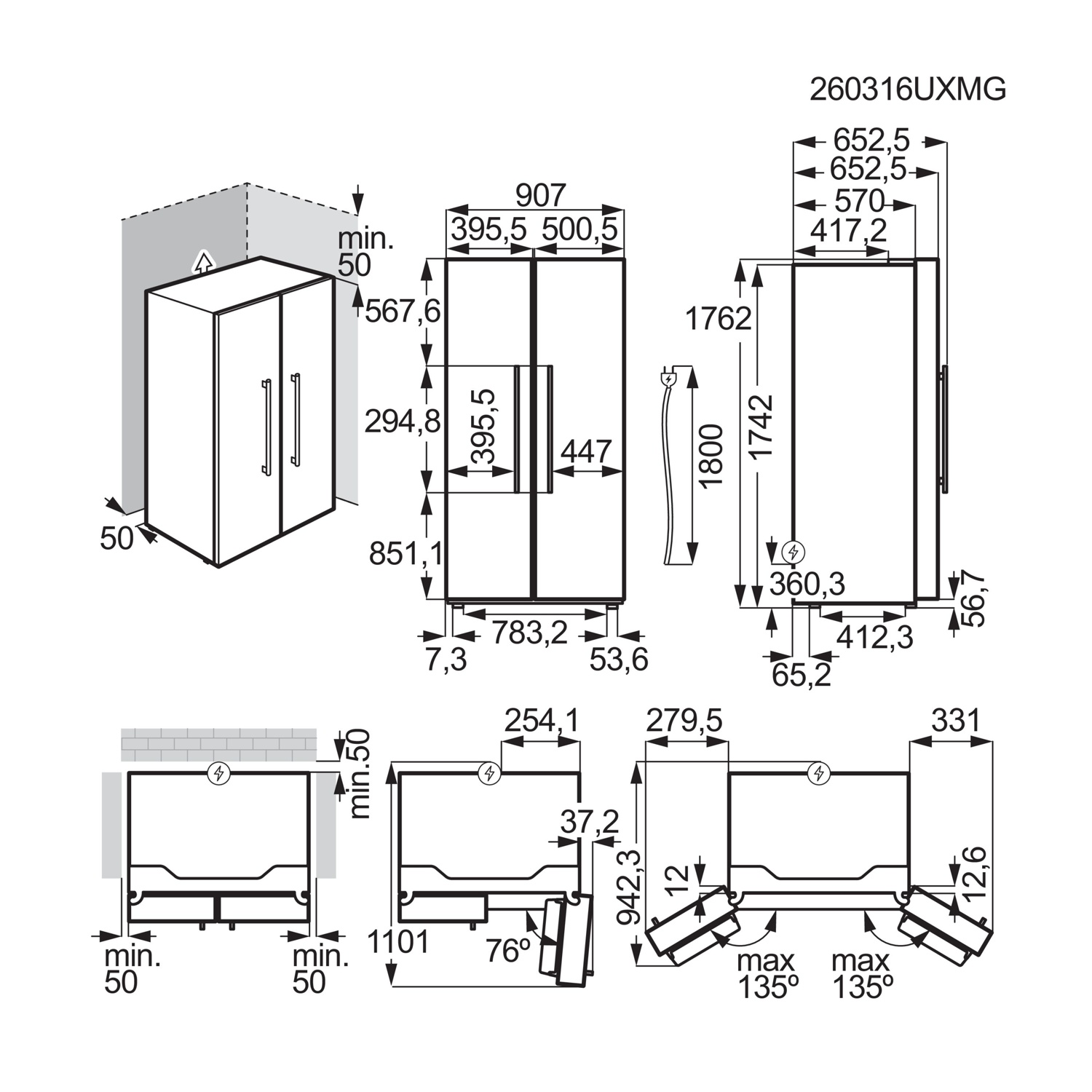 Disegno tecnico di un frigorifero con dimensioni e guida all'installazione.