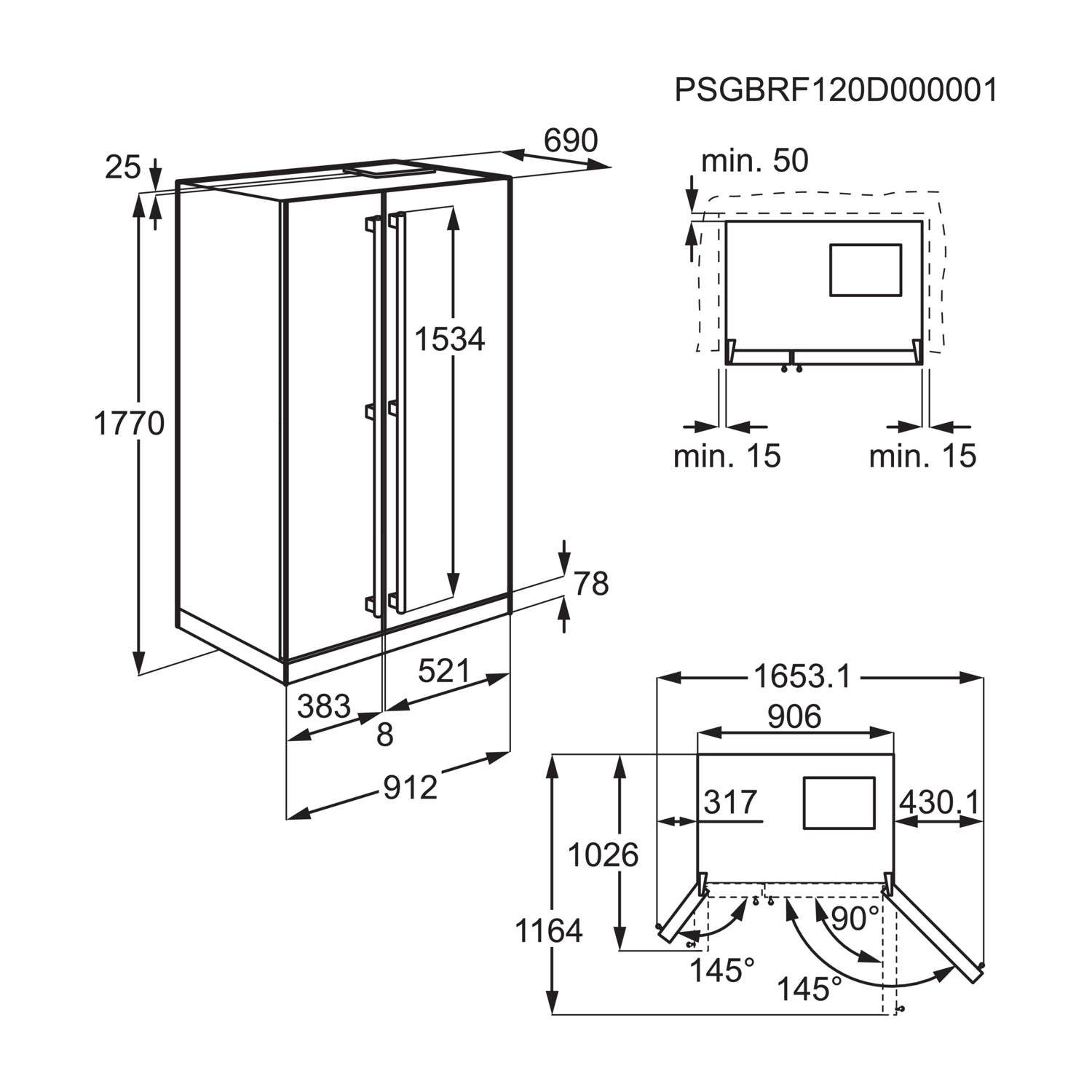 Disegno tecnico di un frigorifero con dimensioni e angoli di apertura.