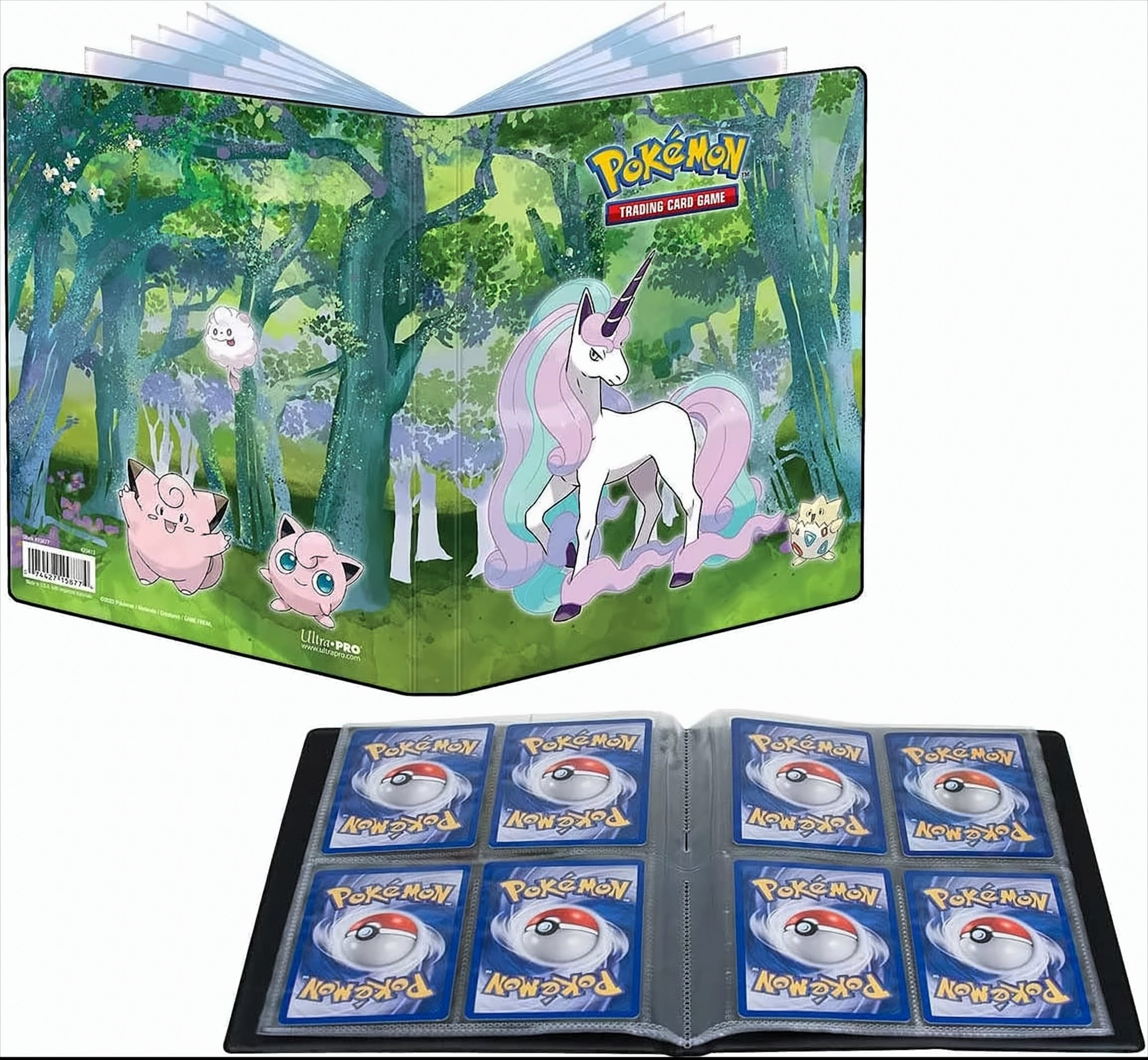 Ein Pokémon-Kartenalbum mit Waldmotiv, das aufgeschlagen ist und leere Kartenrückseiten zeigt.
