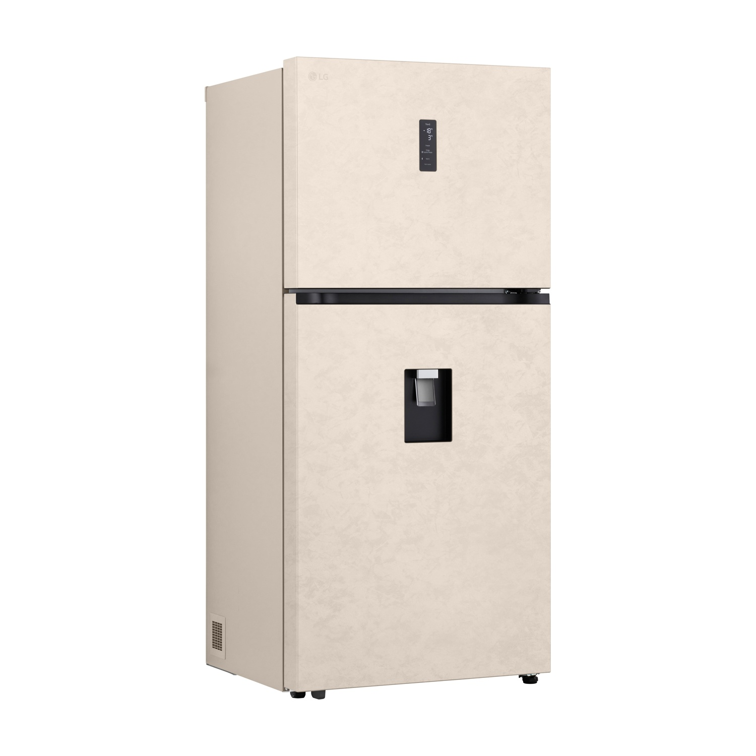 Un frigorifero LG a due porte beige con dispenser d'acqua.