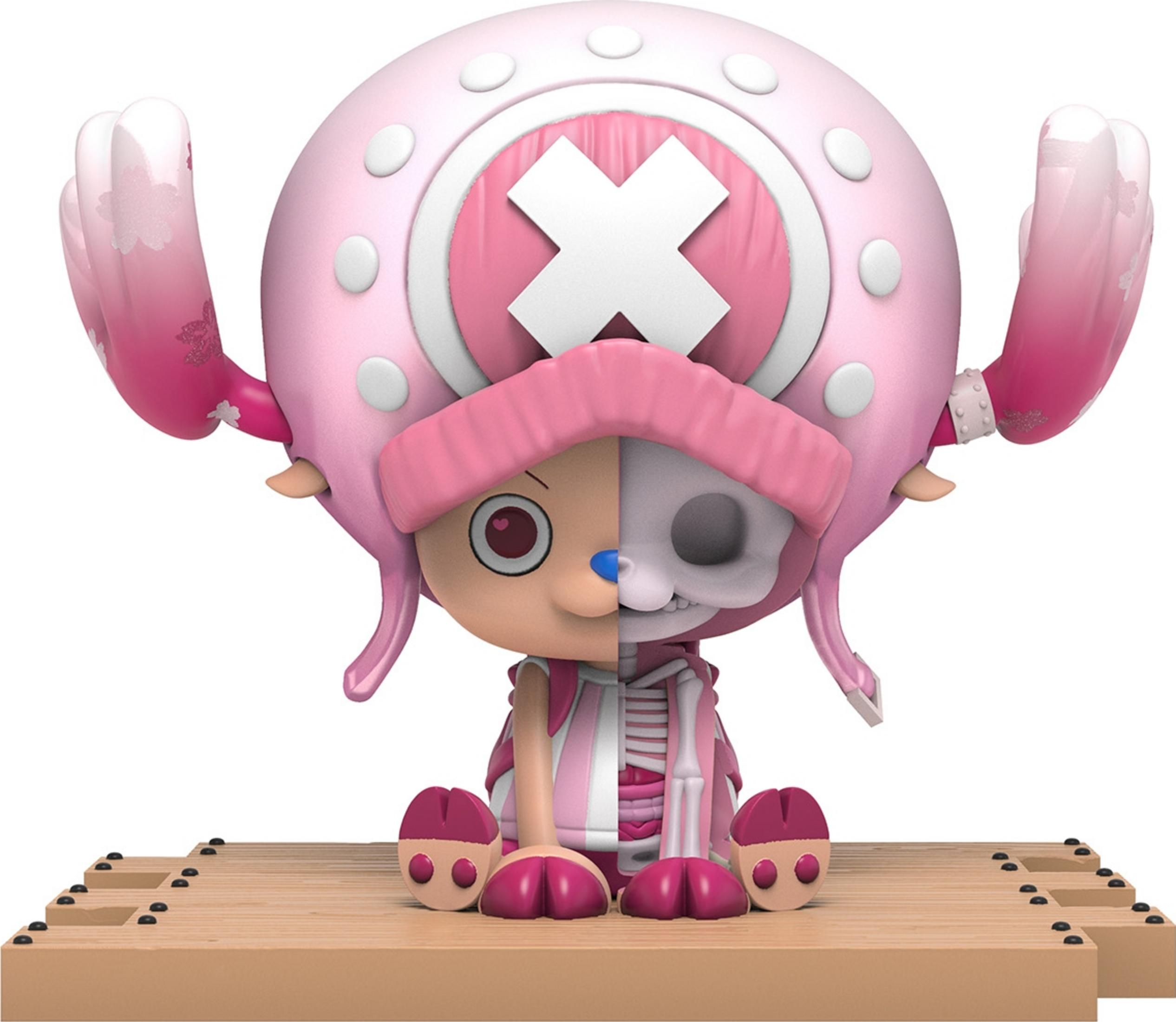 Una figura, metà carina, metà scheletro, con cappello rosa.