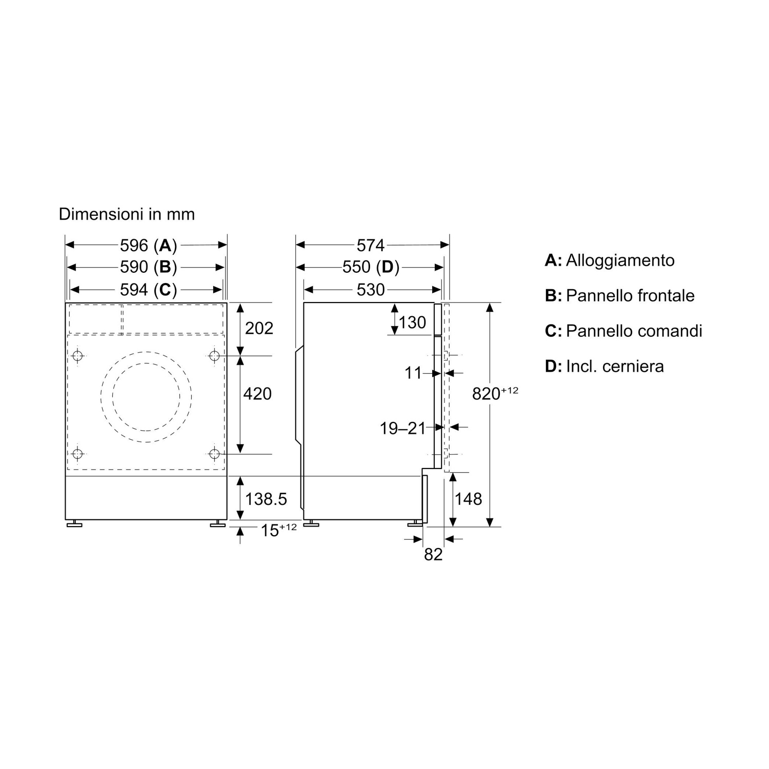 Disegno tecnico con dimensioni in mm ed etichette A-D.