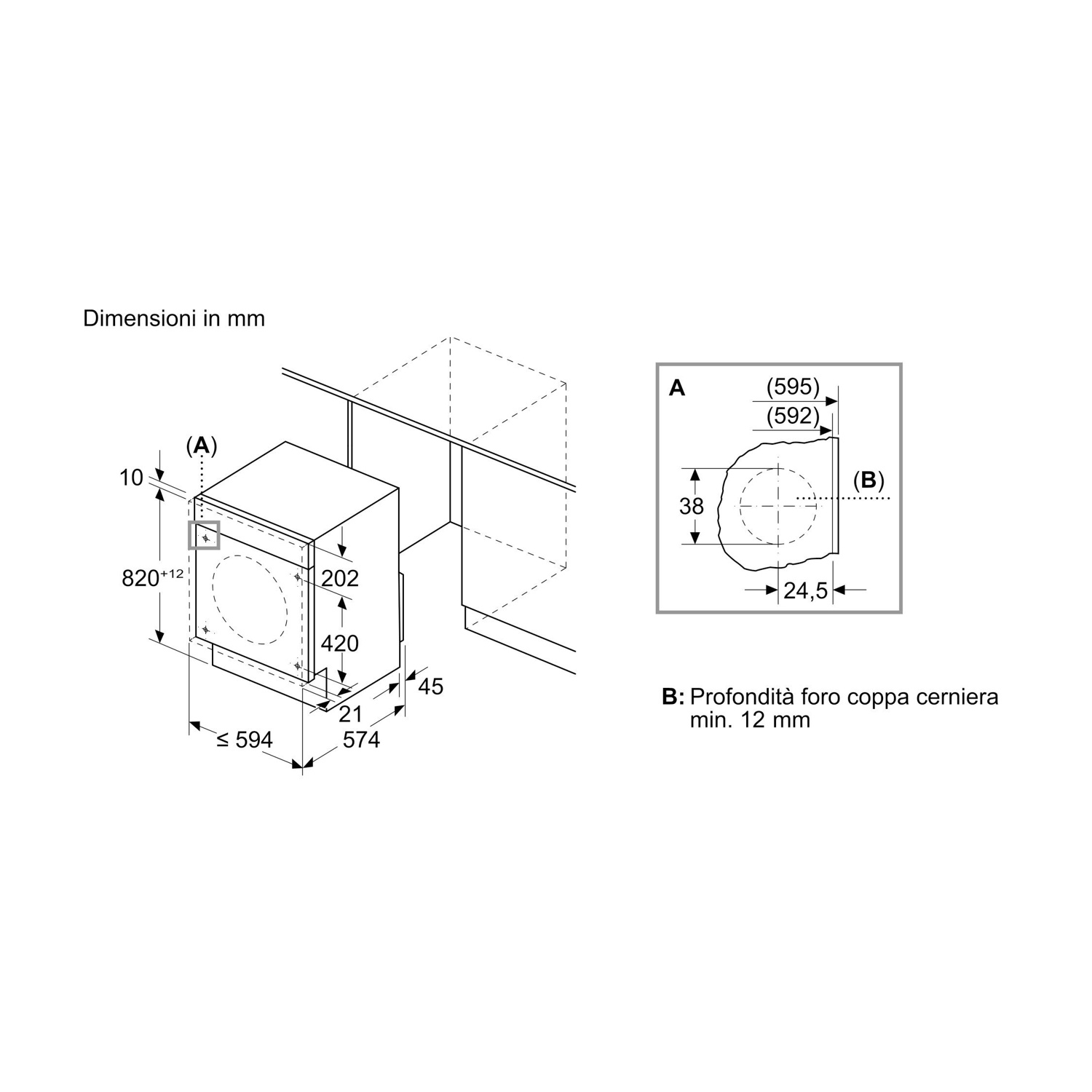 Disegno tecnico di una lavatrice con dimensioni in mm.