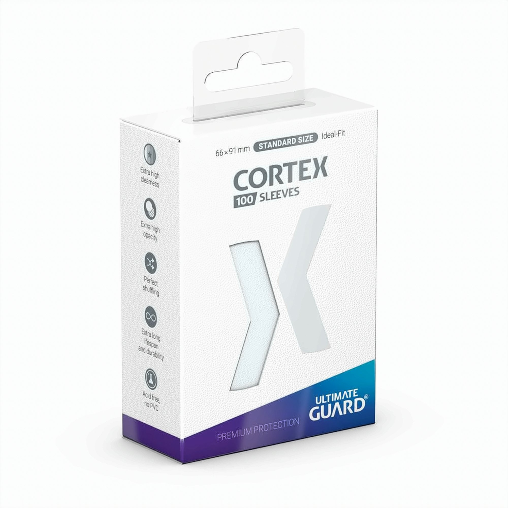 Scatola bianca "CORTEX 100 SLEEVES" con caratteristiche elencate. Mostra logo X.