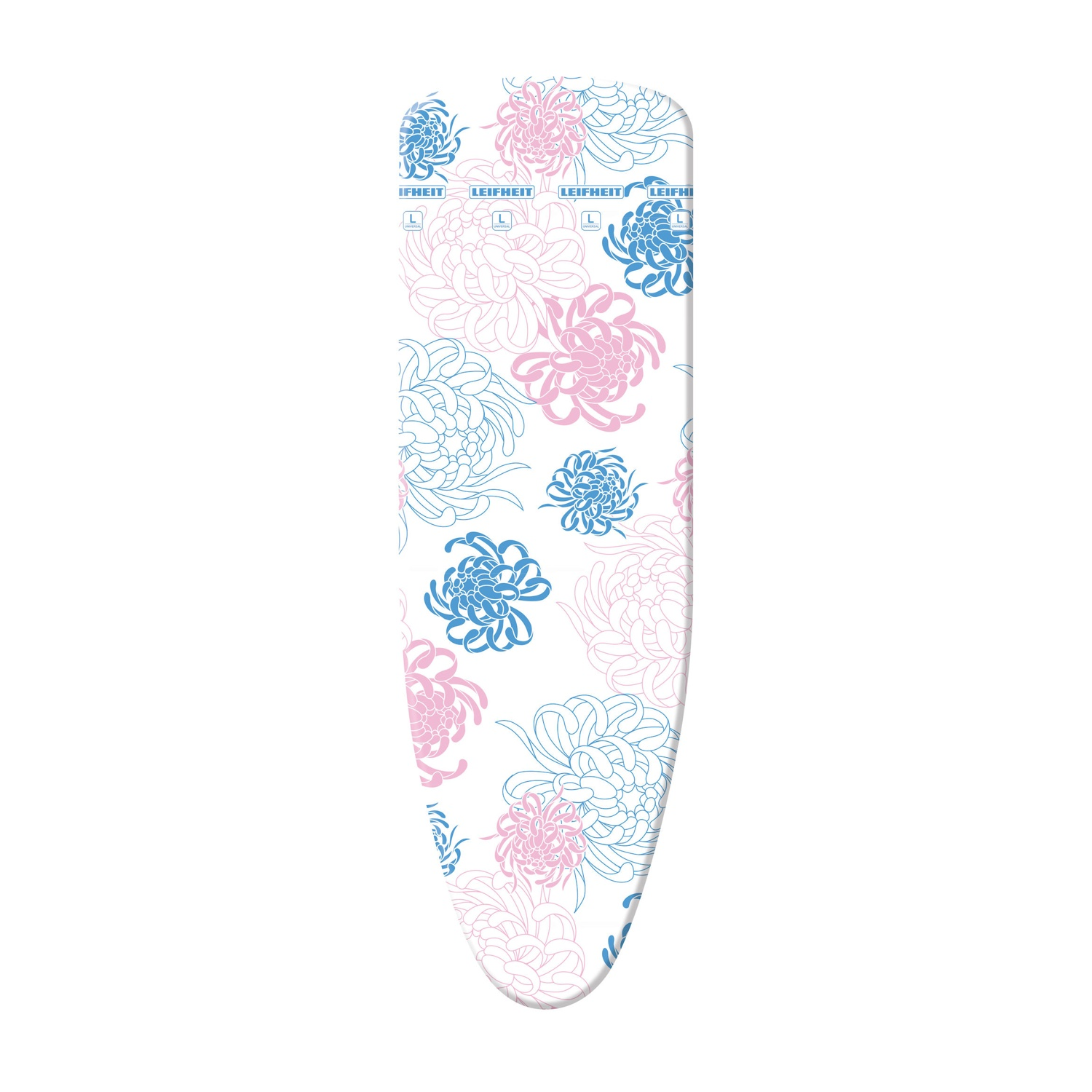 Asse da stiro con motivo floreale blu e rosa e logo LEIFHEIT.