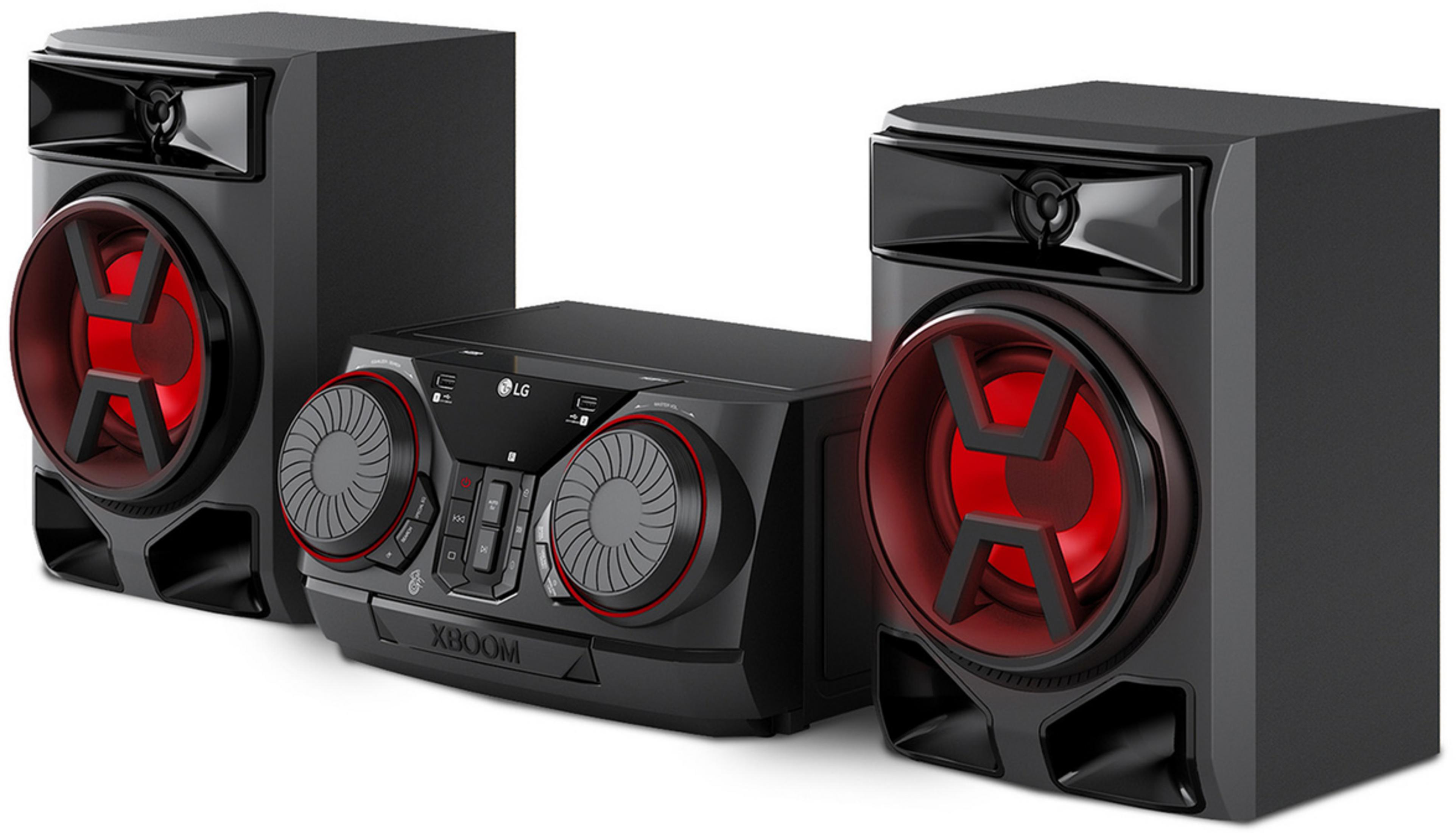 Ein schwarzes LG XBOOM Soundsystem mit zwei Lautsprechern und einem zentralen Player.