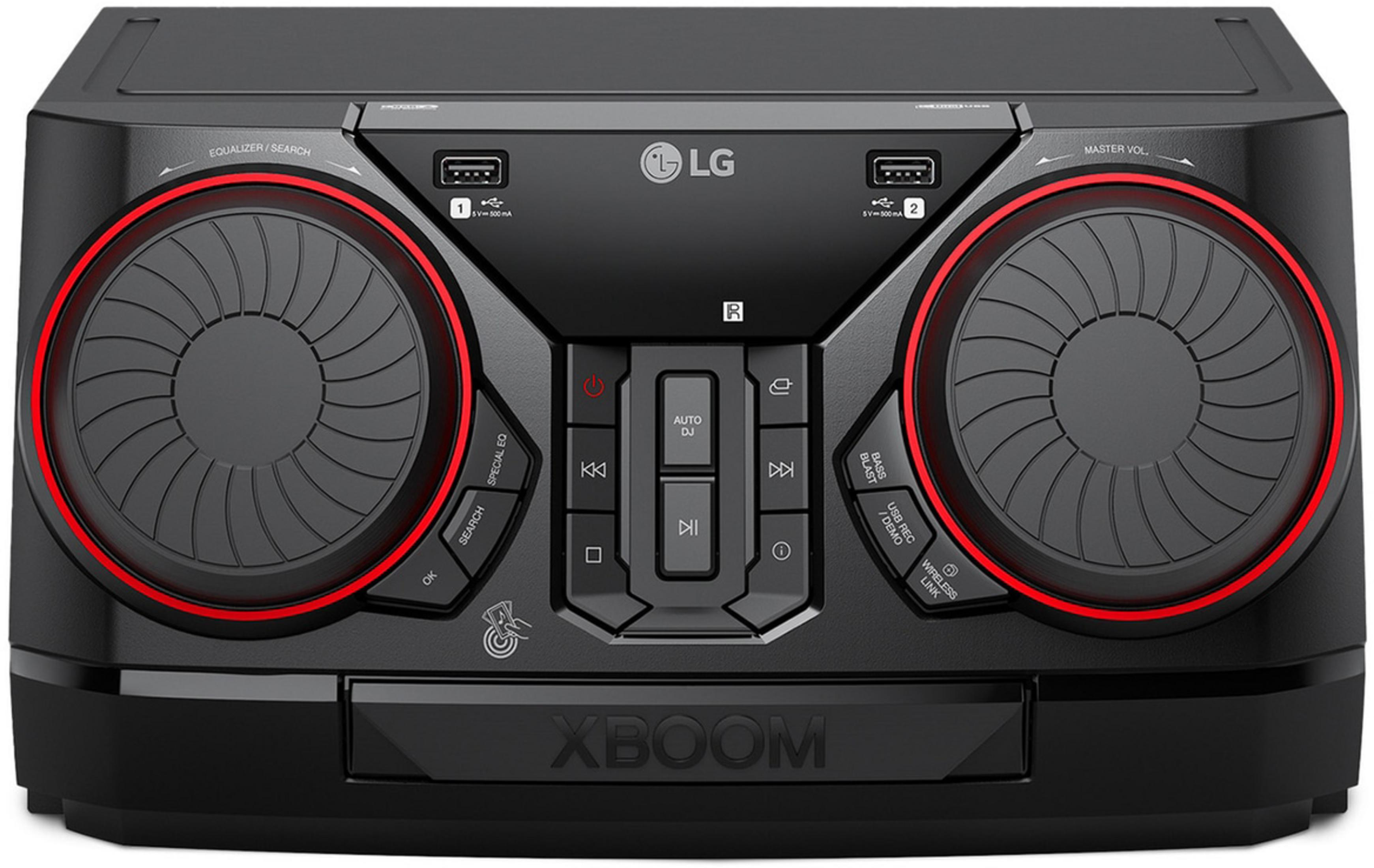 Schwarzer LG XBOOM Lautsprecher mit roten Akzenten, zwei Lautsprechergrills und Bedienelementen.