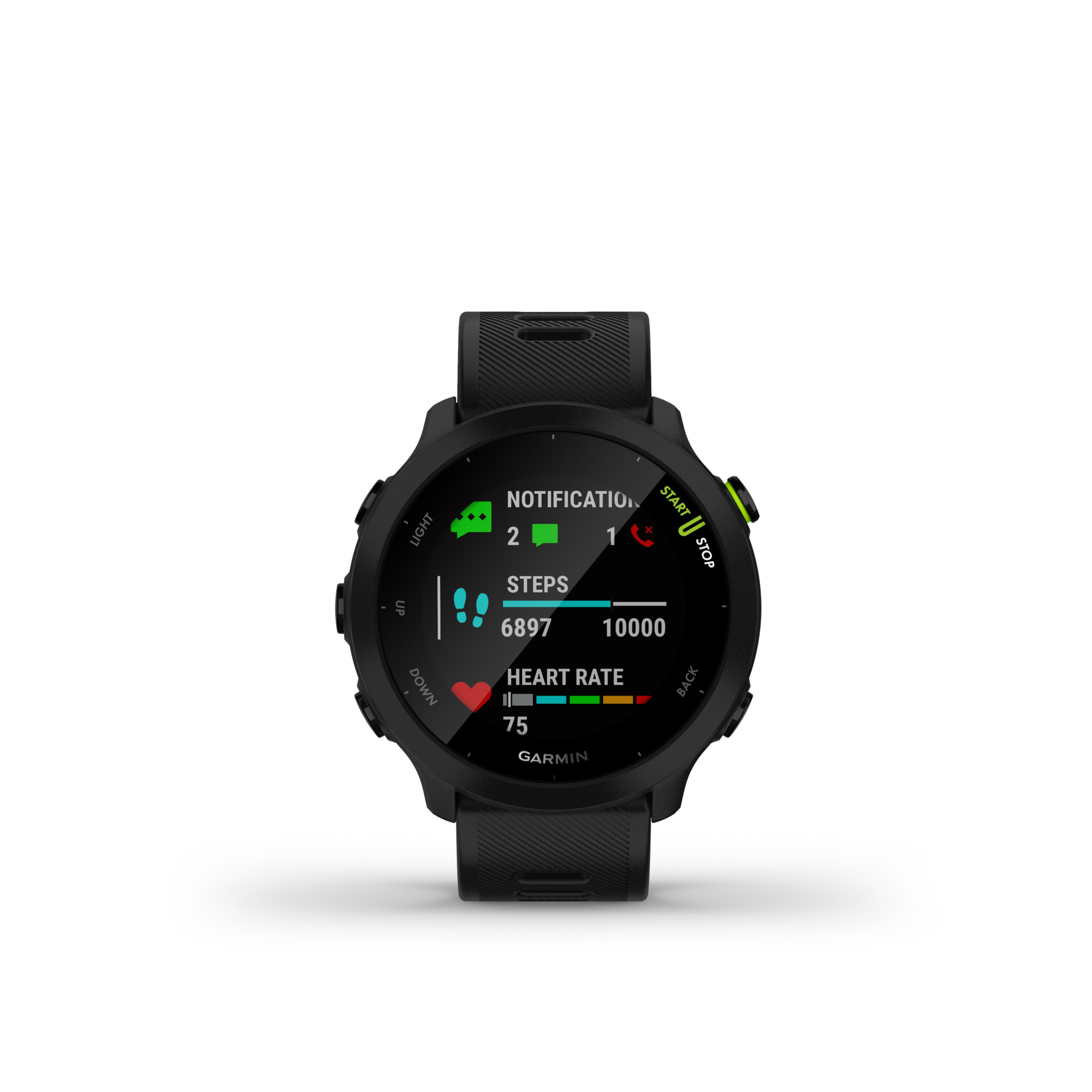 Un reloj Garmin negro muestra notificaciones, 6897 pasos y ritmo cardíaco de 75 lpm.