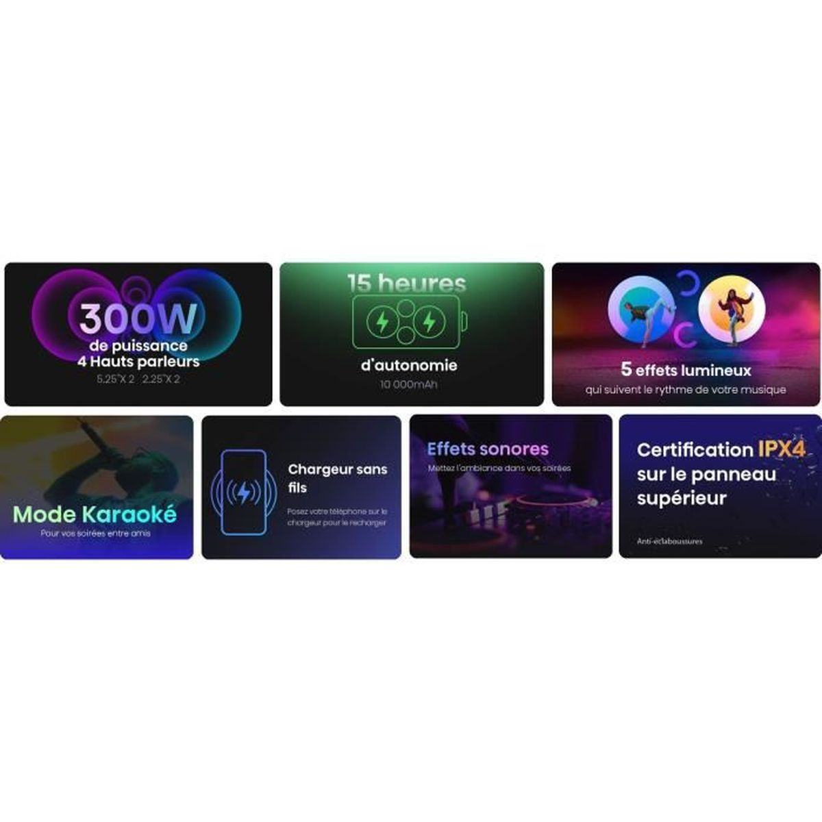 Caratteristiche: 300W, 15h batteria, effetti luminosi, karaoke, ricarica wireless, IPX4.