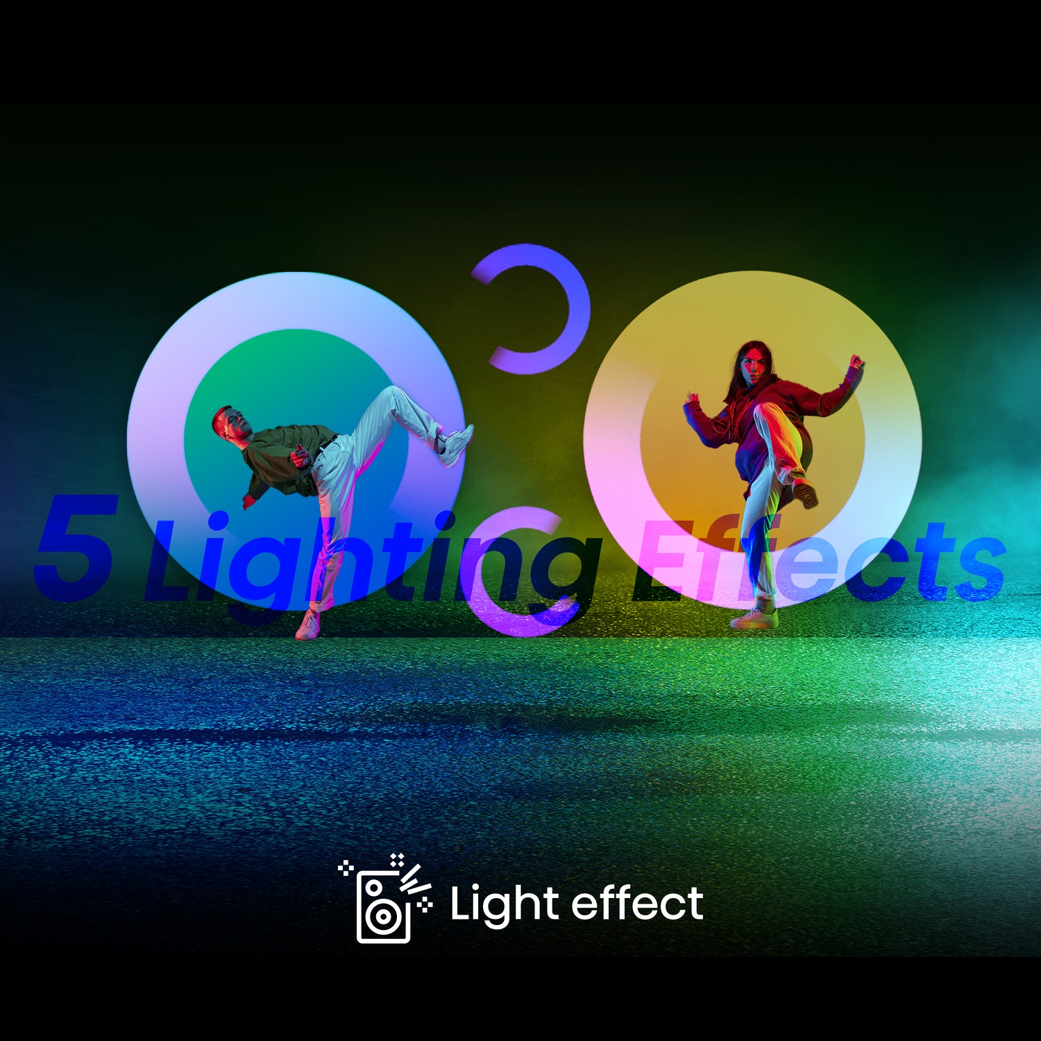 Due ballerini davanti a cerchi colorati e il testo '5 Lighting Effects'.