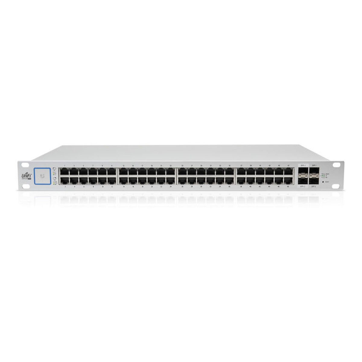 Uno switch di rete argentato con numerose porte e logo UniFi.