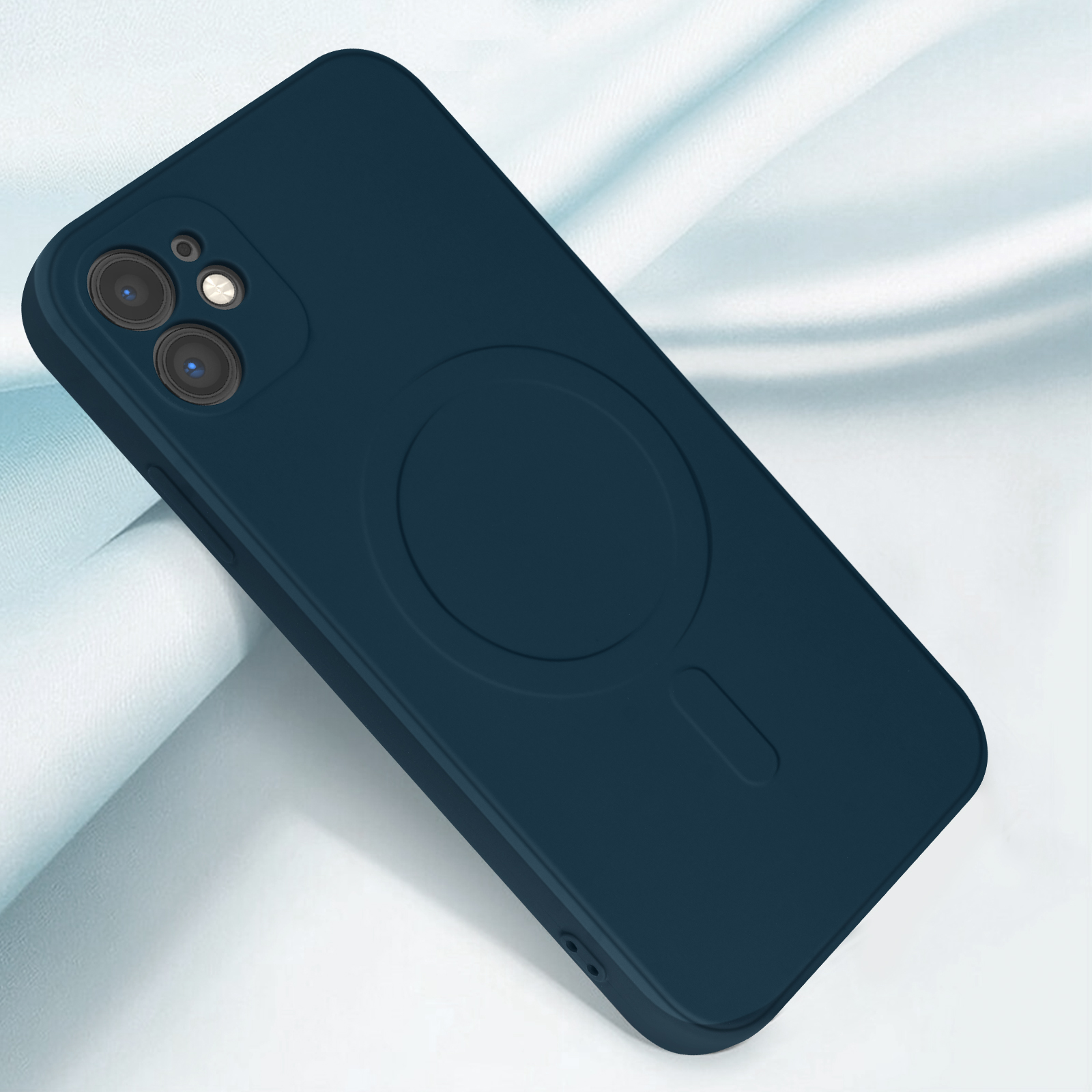 Eine dunkelblaue iPhone-Hülle mit kreisförmiger magnetischer Ladefläche ist abgebildet.