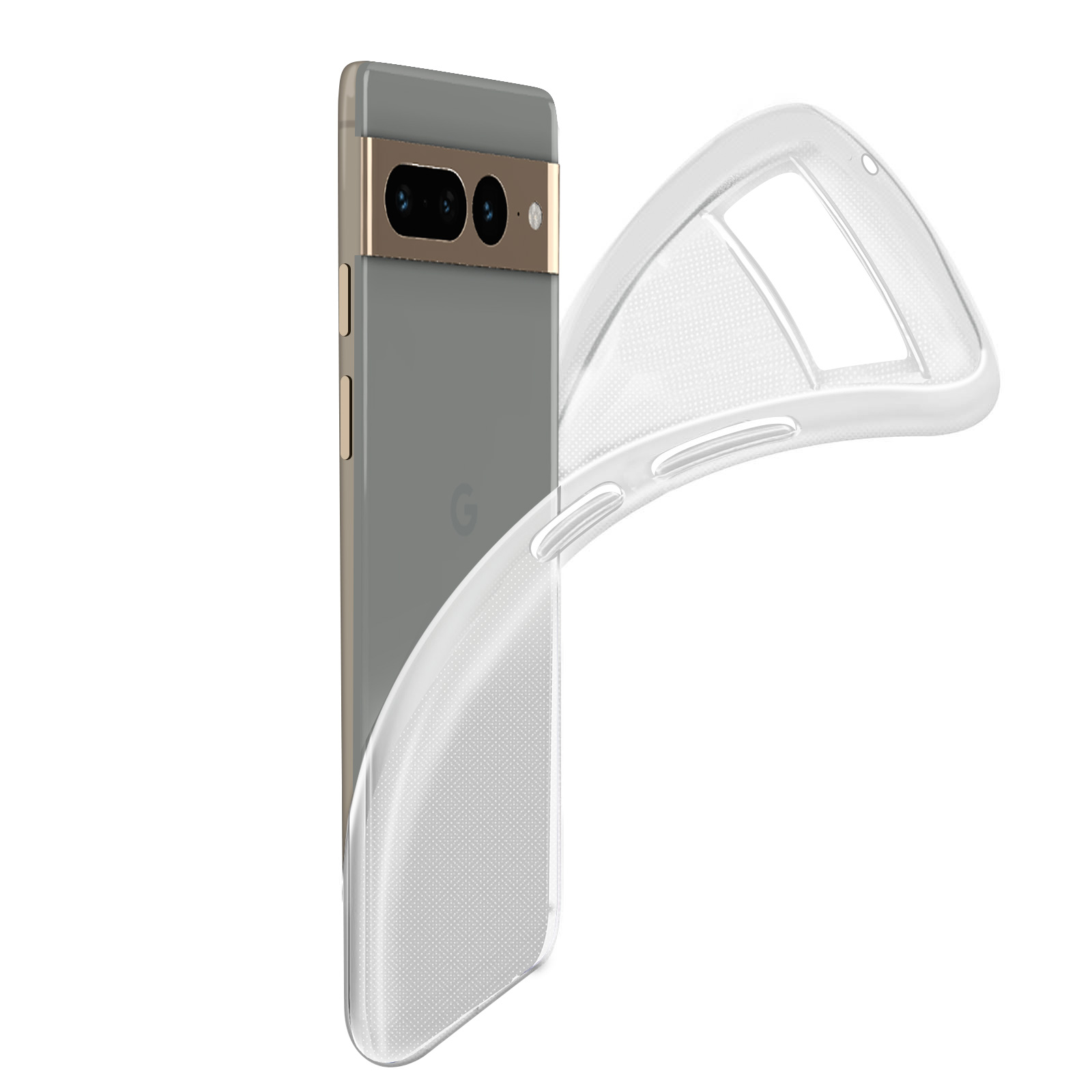 Una custodia trasparente accanto a uno smartphone grigio con fotocamere.