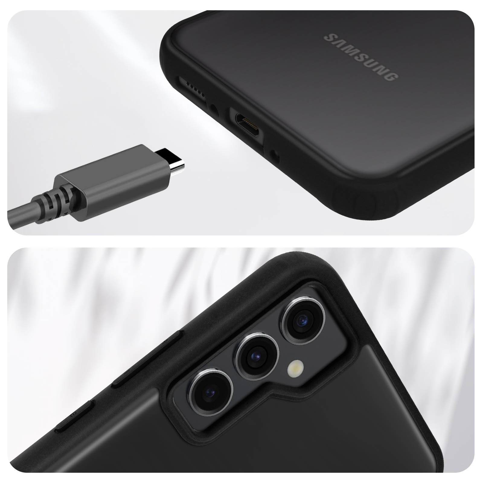 Een zwarte Samsung telefoon met USB-C oplaadkabel en drievoudige camera.