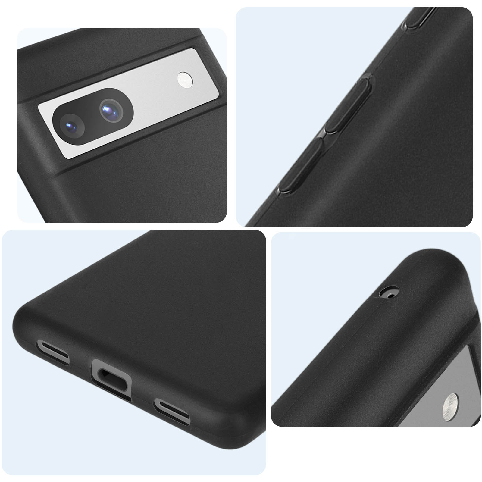 Close-up van zwarte telefoonhoes met cameramodule, knoppen en poorten.