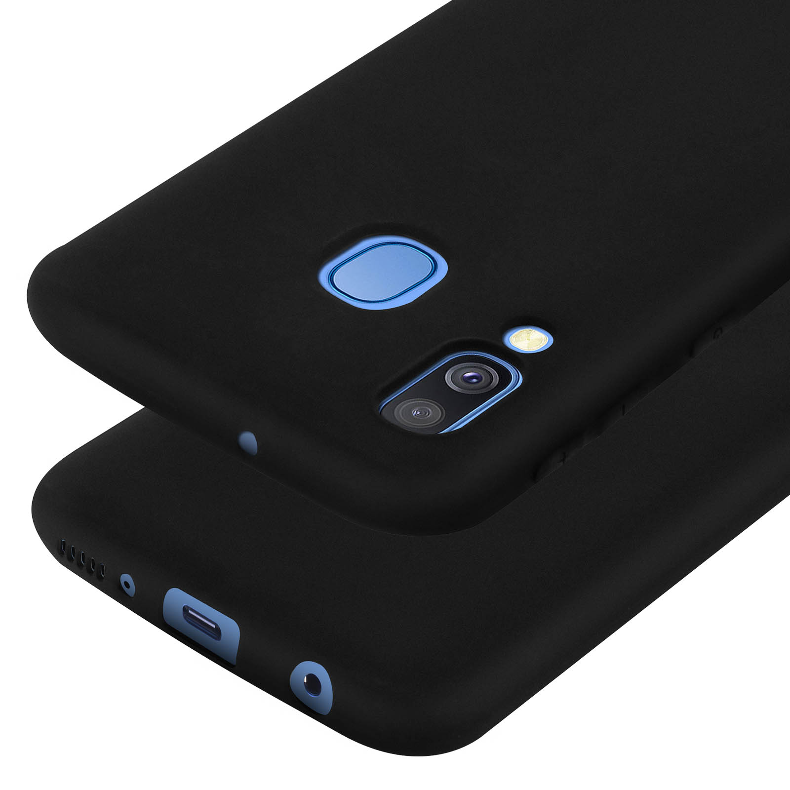 Zwarte telefoonhoesjes met camera, flitser en vingerafdruksensor.
