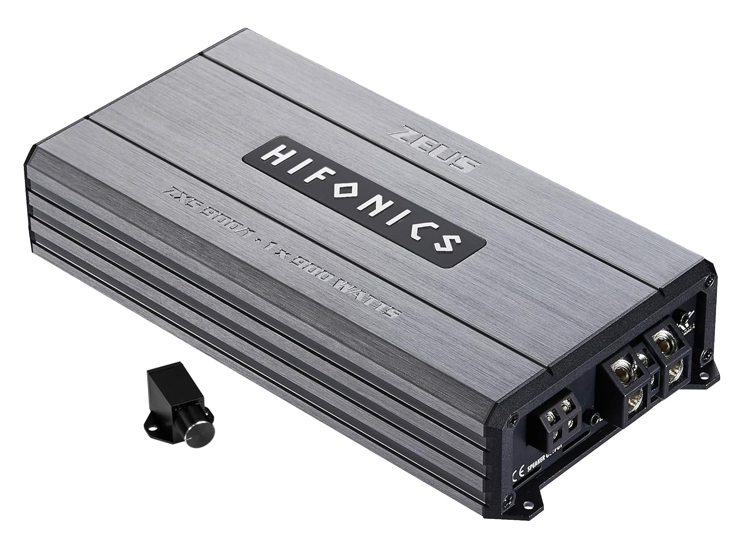 Silberner Hifonics Zeus Auto-Verstärker mit schwarzen Akzenten und Bass-Regler.