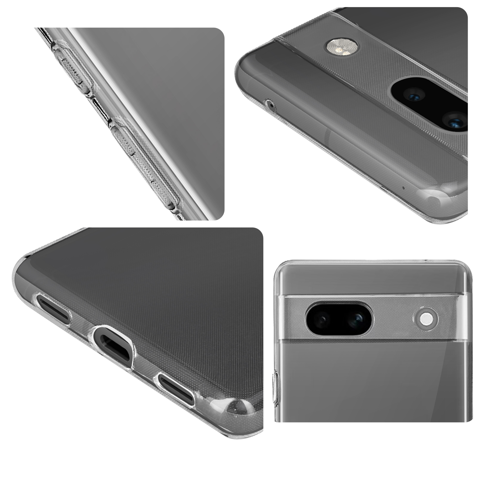 Doorzichtige telefoonhoes met knopdetails en camerauitsparing vanuit verschillende hoeken.