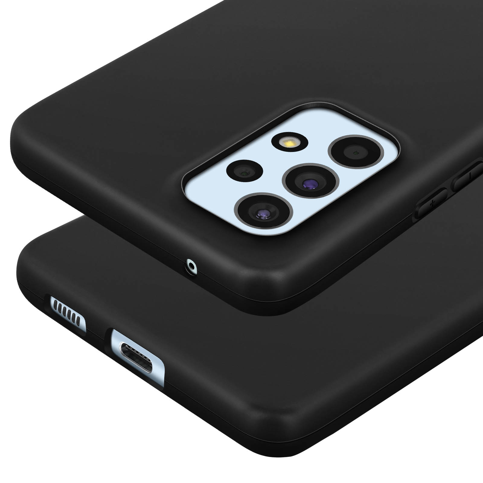 Twee zwarte telefoonhoesjes met camerapodules gestapeld.
