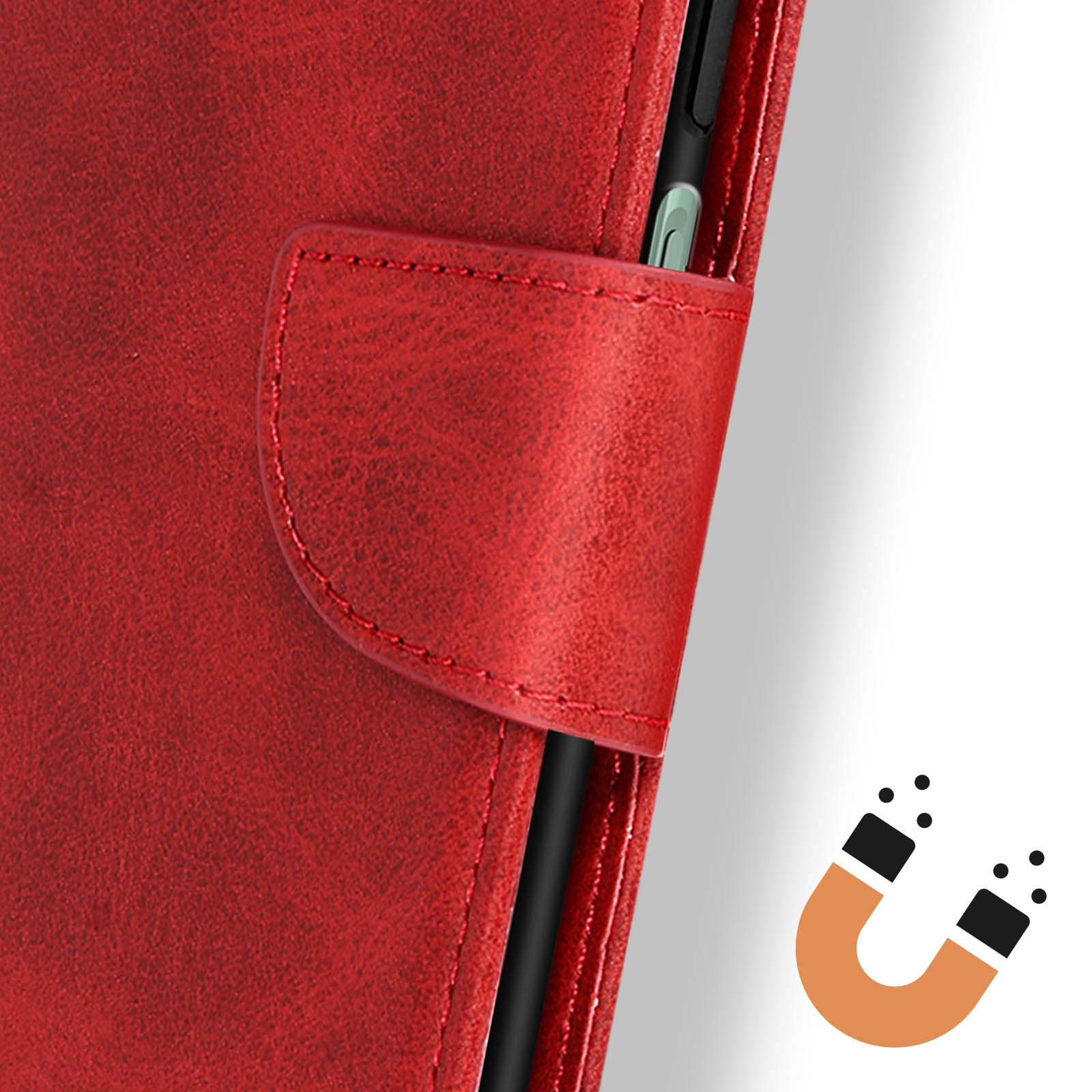 Rood leren flipcase met magneetsluiting en een deel van een zwarte telefoon.