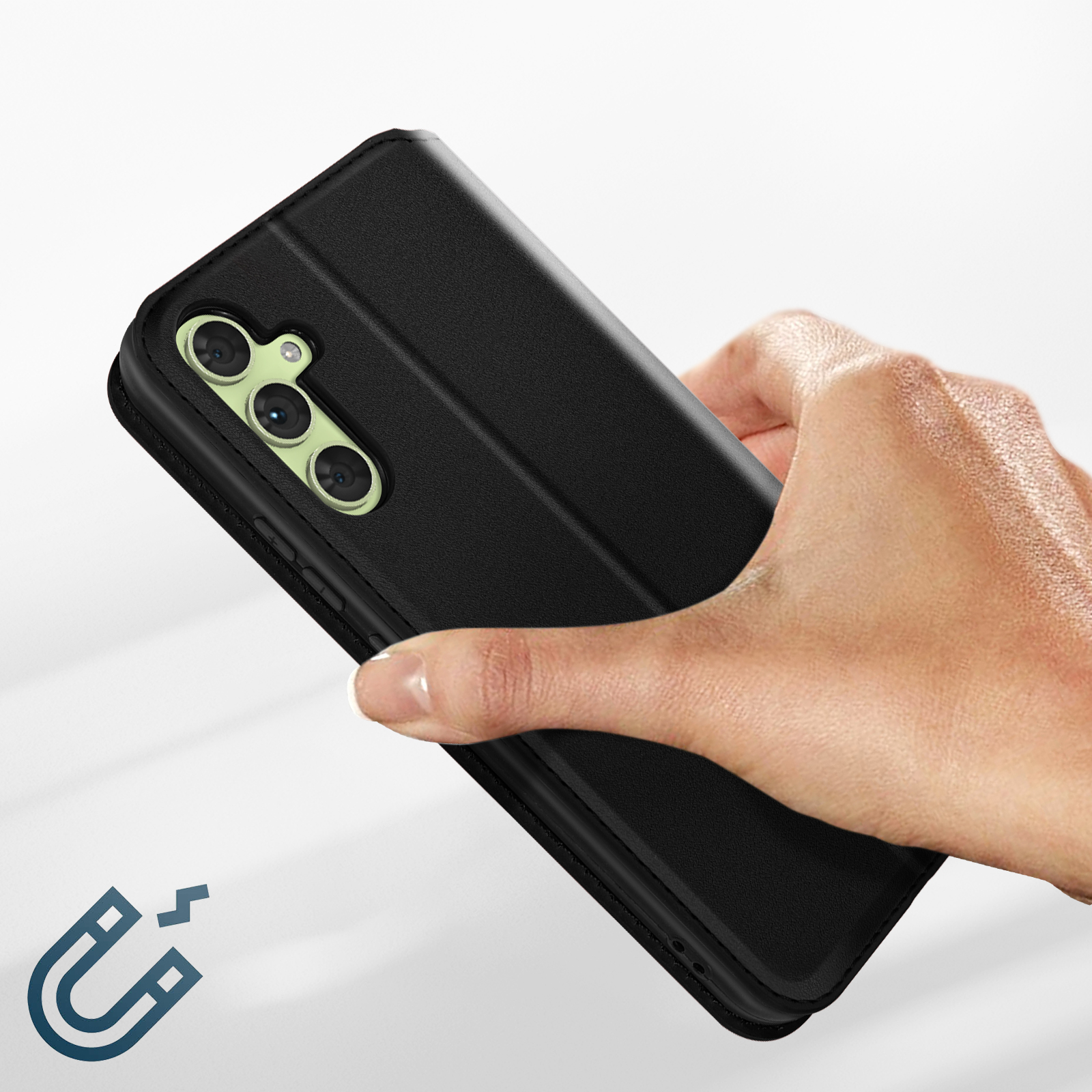 Une main tient une coque de téléphone noire avec un réseau d'objectifs de caméra visible. Une icône d'aimant est présente.