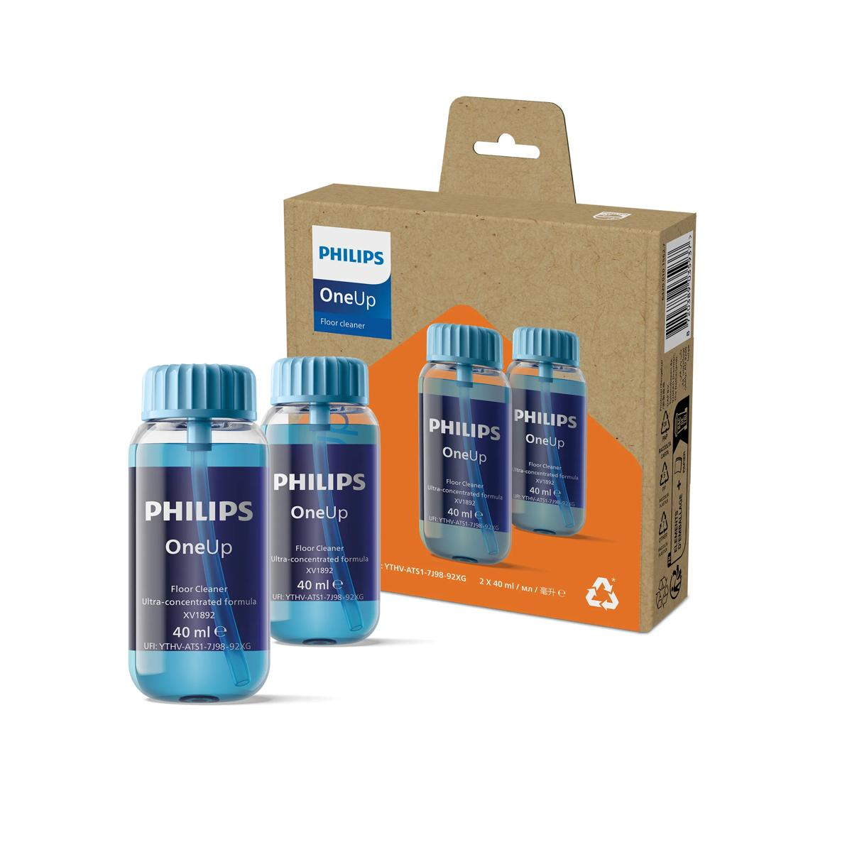 Tre flaconi di detergente per pavimenti Philips OneUp con tappi blu e liquido, in scatola.