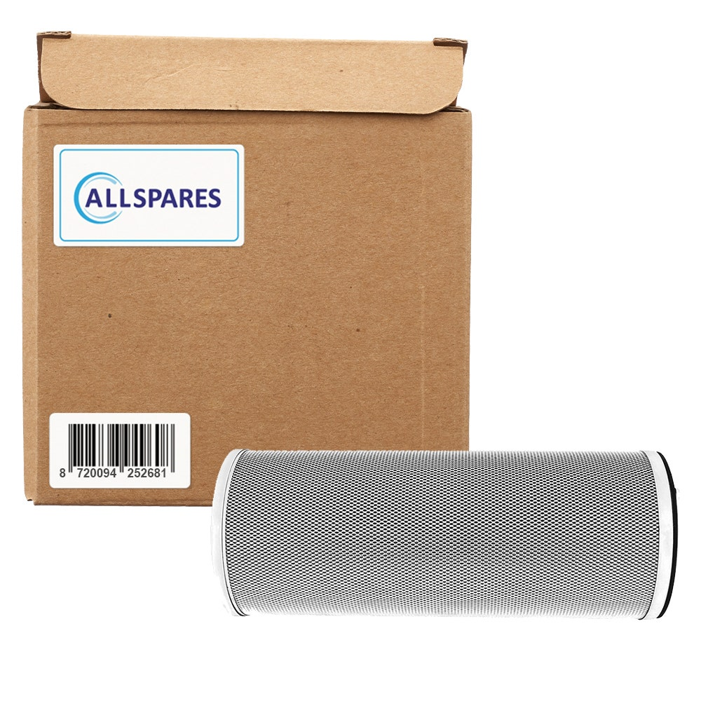 Kartonbox mit 'ALLSPARE'-Logo und Barcode neben einem zylindrischen Filter.