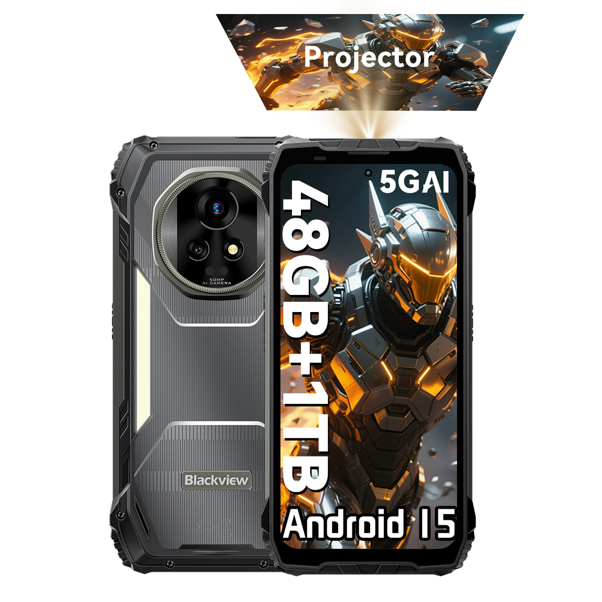 Smartphone negro robusto con 48GB+1TB, 5G, Android 15 y proyector.