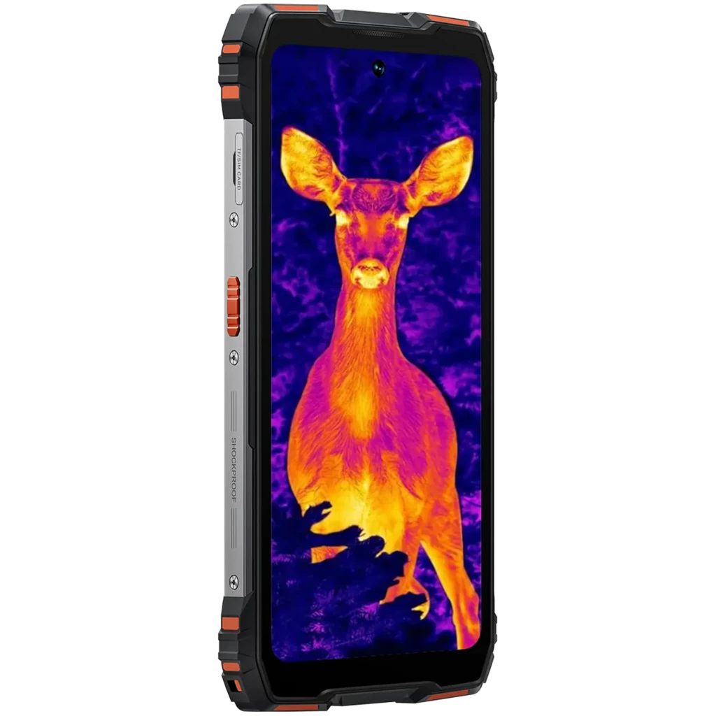 Smartfon wyświetlający obraz termowizyjny łani na fioletowym tle.