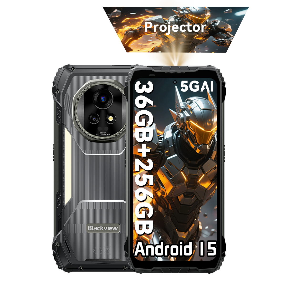 Se muestra un teléfono resistente con 36GB+256GB y Android 15.