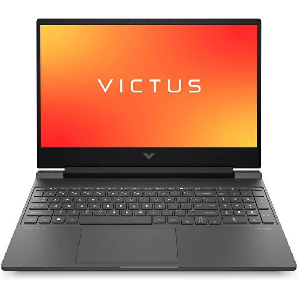 Turuncu arka plan üzerinde "VICTUS" logosu bulunan açık siyah bir dizüstü bilgisayar.