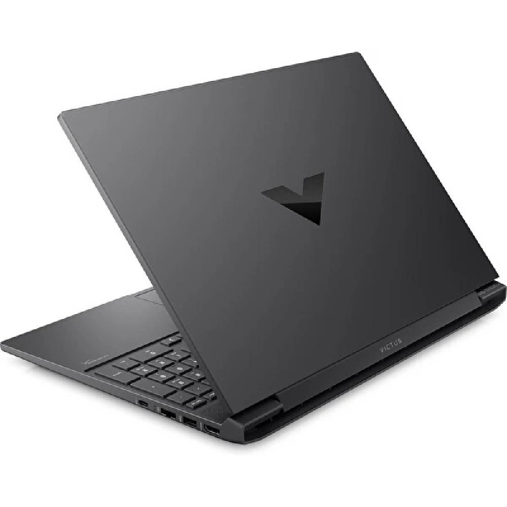 Kapakta "V" logosu ve açık klavyesi olan siyah bir dizüstü bilgisayar.