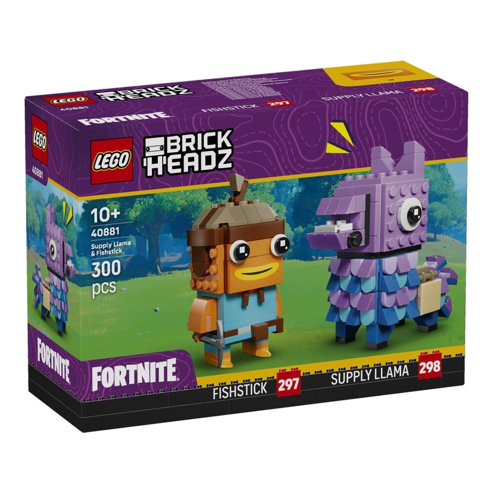 Fishstick ve Supply Llama figürleri içeren LEGO Fortnite BrickHeadz seti.