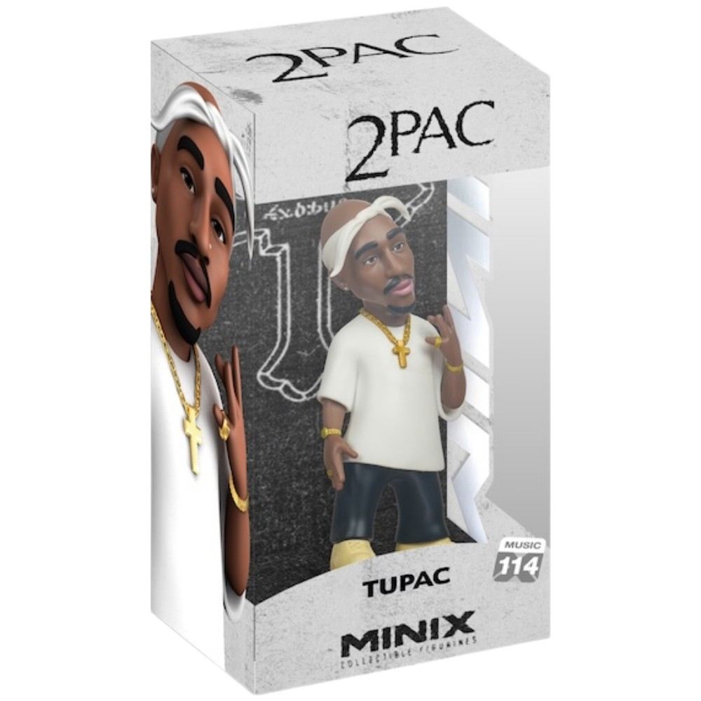 Kutulu Tupac Shakur Minix koleksiyon figürü, beyaz gömlek ve altın zincir takıyor.