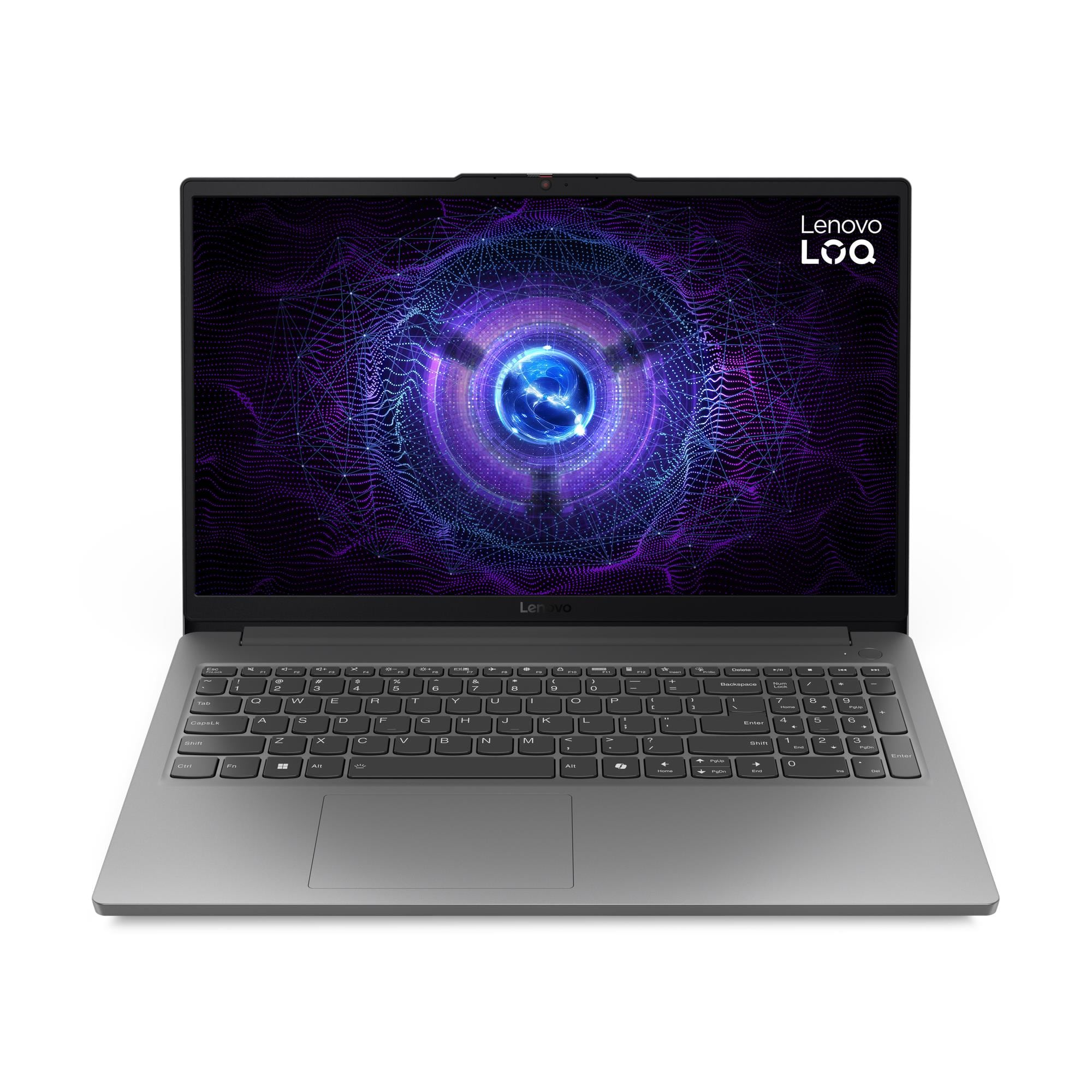 Soyut mor ve mavi bir arka plan gösteren kapalı gri Lenovo dizüstü bilgisayar.