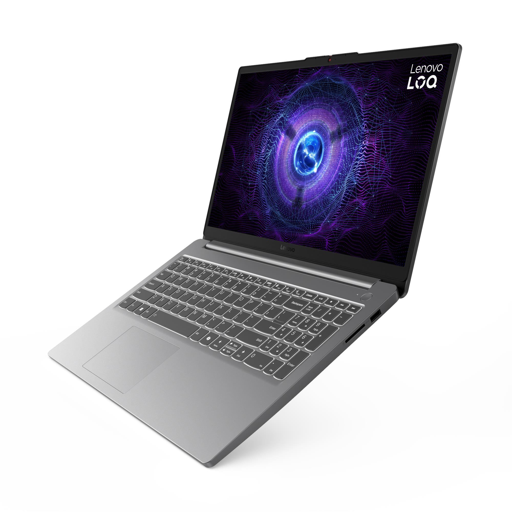Ekranında mor ve mavi arka plan gösteren gümüş rengi Lenovo dizüstü bilgisayar.