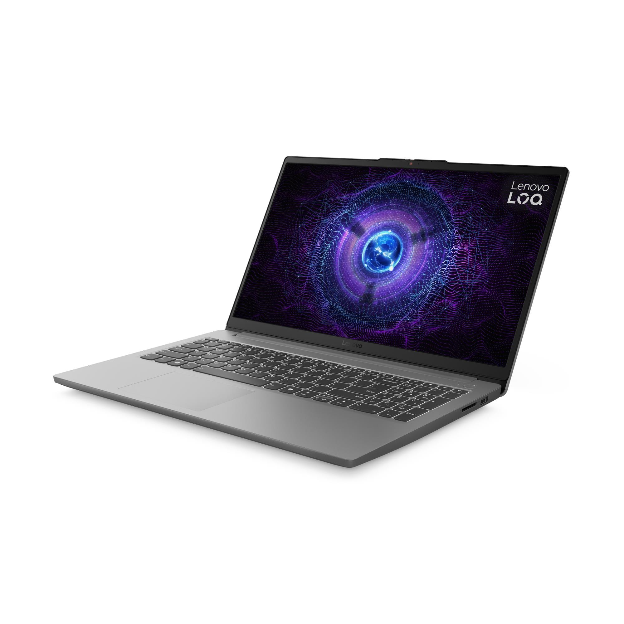 Canlı, soyut arka plana sahip gri Lenovo LOQ dizüstü bilgisayar. Klavye görünür.