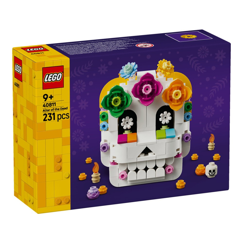 Renkli süslü bir kurukafa ve LEGO tuğlaları içeren LEGO Ölüler Sunak seti kutusu.