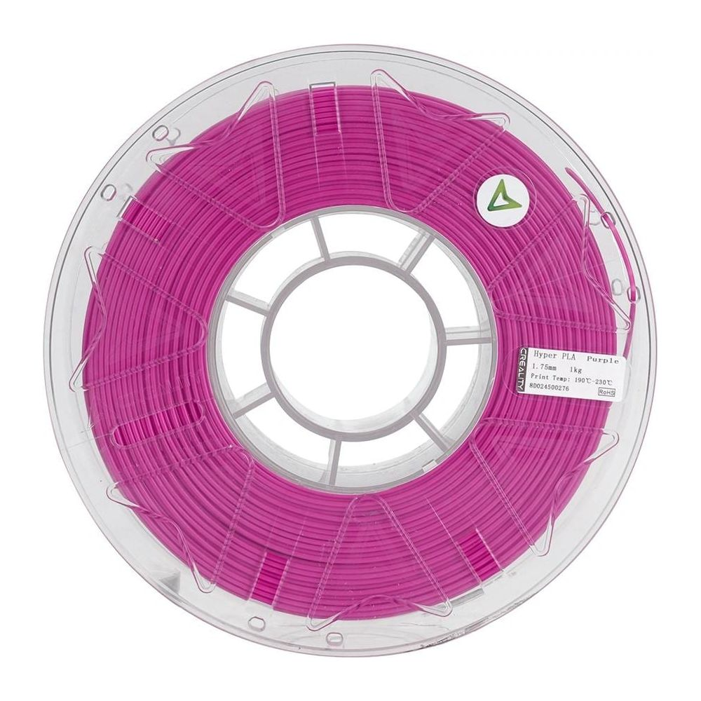 Una bobina di filamento viola per stampante 3D. Etichetta: Hyper PLA, 1,75 mm, 1 kg.