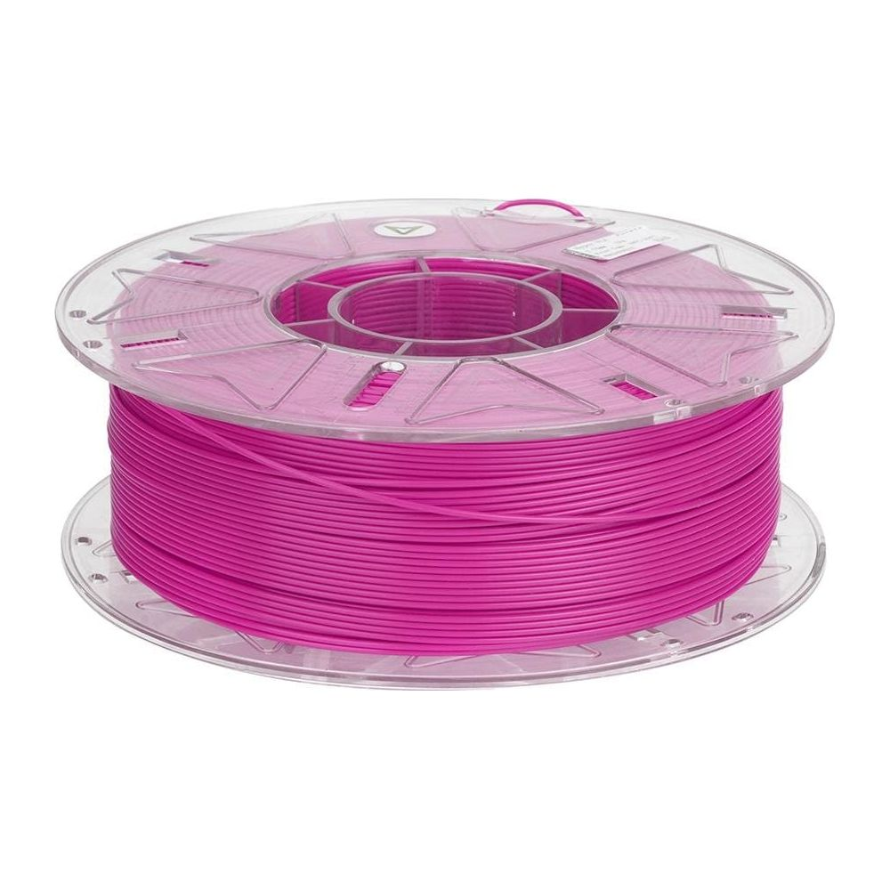 Una bobina di filamento rosa acceso per stampa 3D, su una bobina di plastica trasparente.