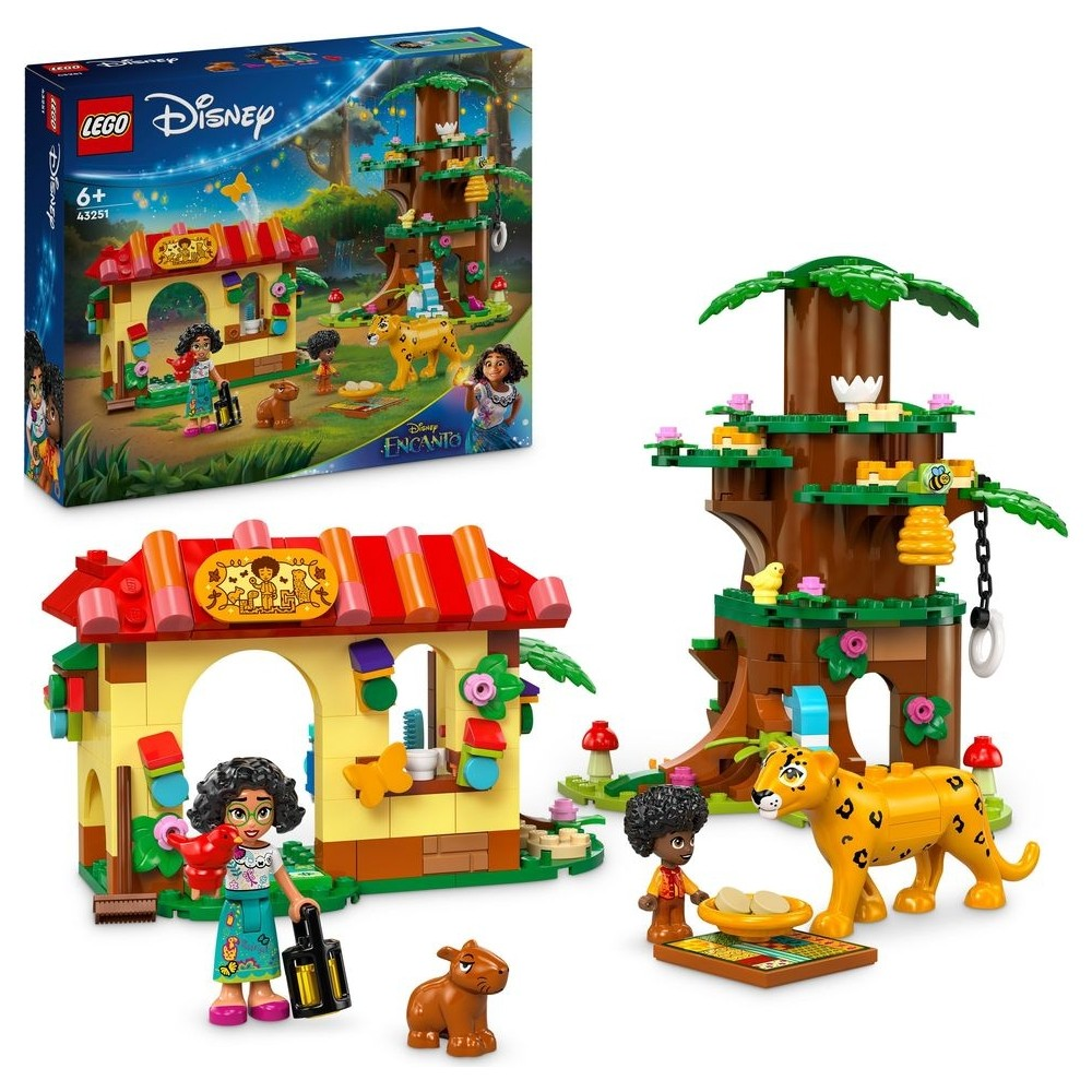 Figürler, leopar, ağaç ev ve ev içeren Lego Disney Encanto seti.
