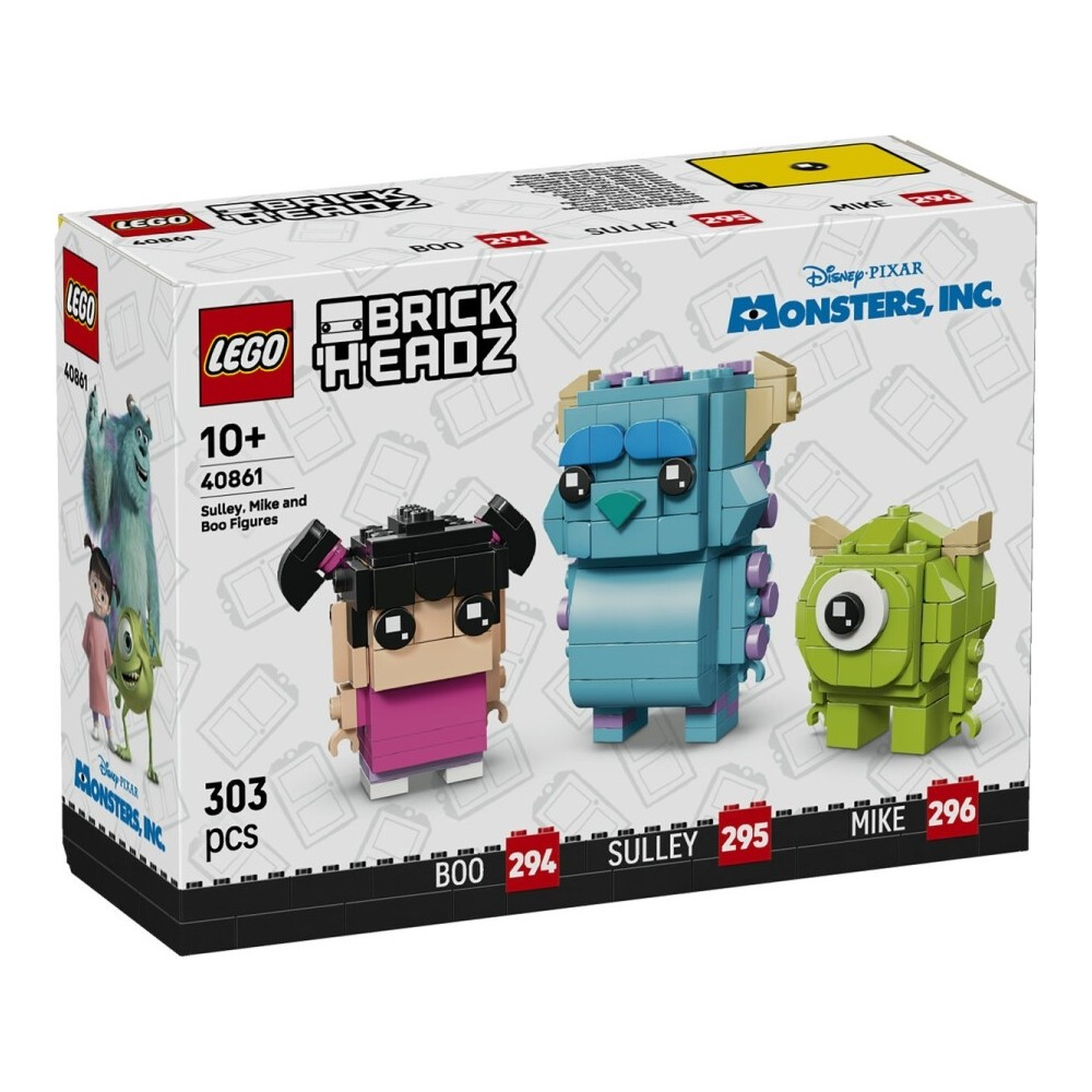 Monsters, Inc.'den Sulley, Mike ve Boo figürlü Lego kutusu.